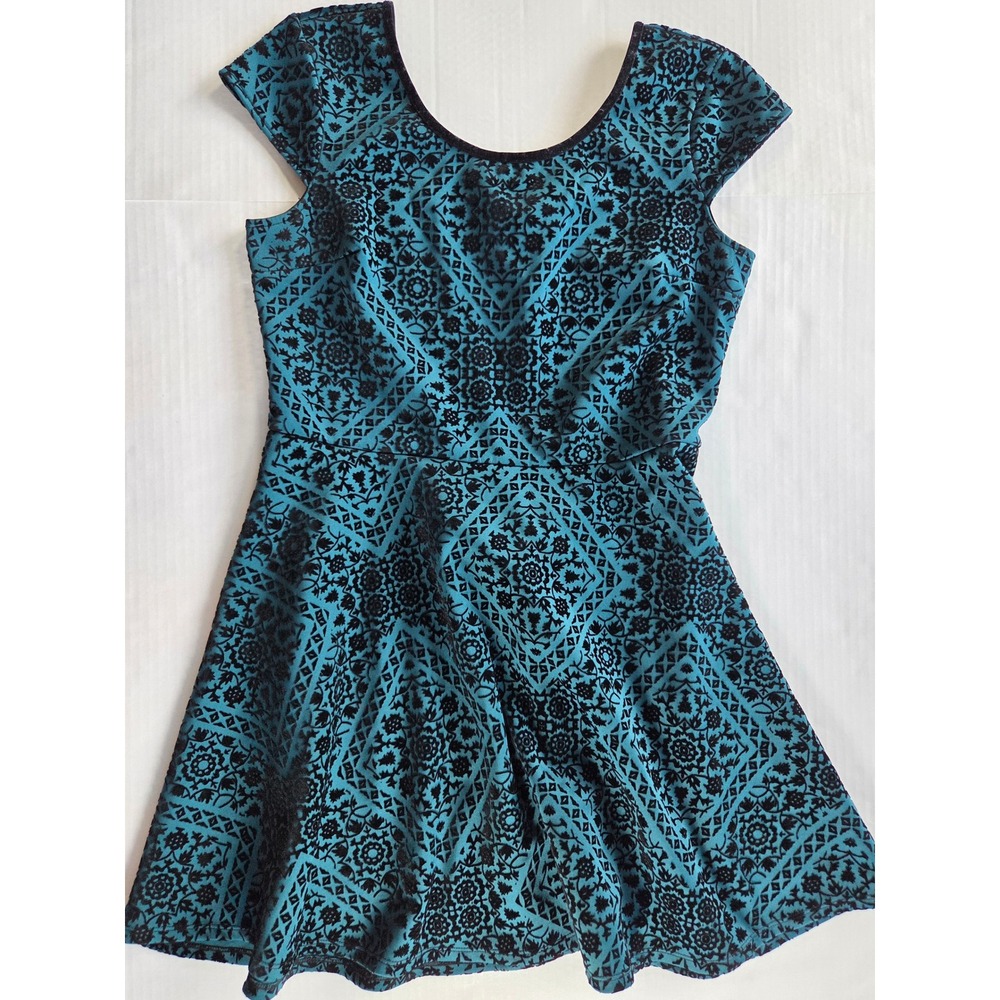 Xhilaration Skater Dress Women Large Teal Black Flocked Velvet Damask Cap Sleeve